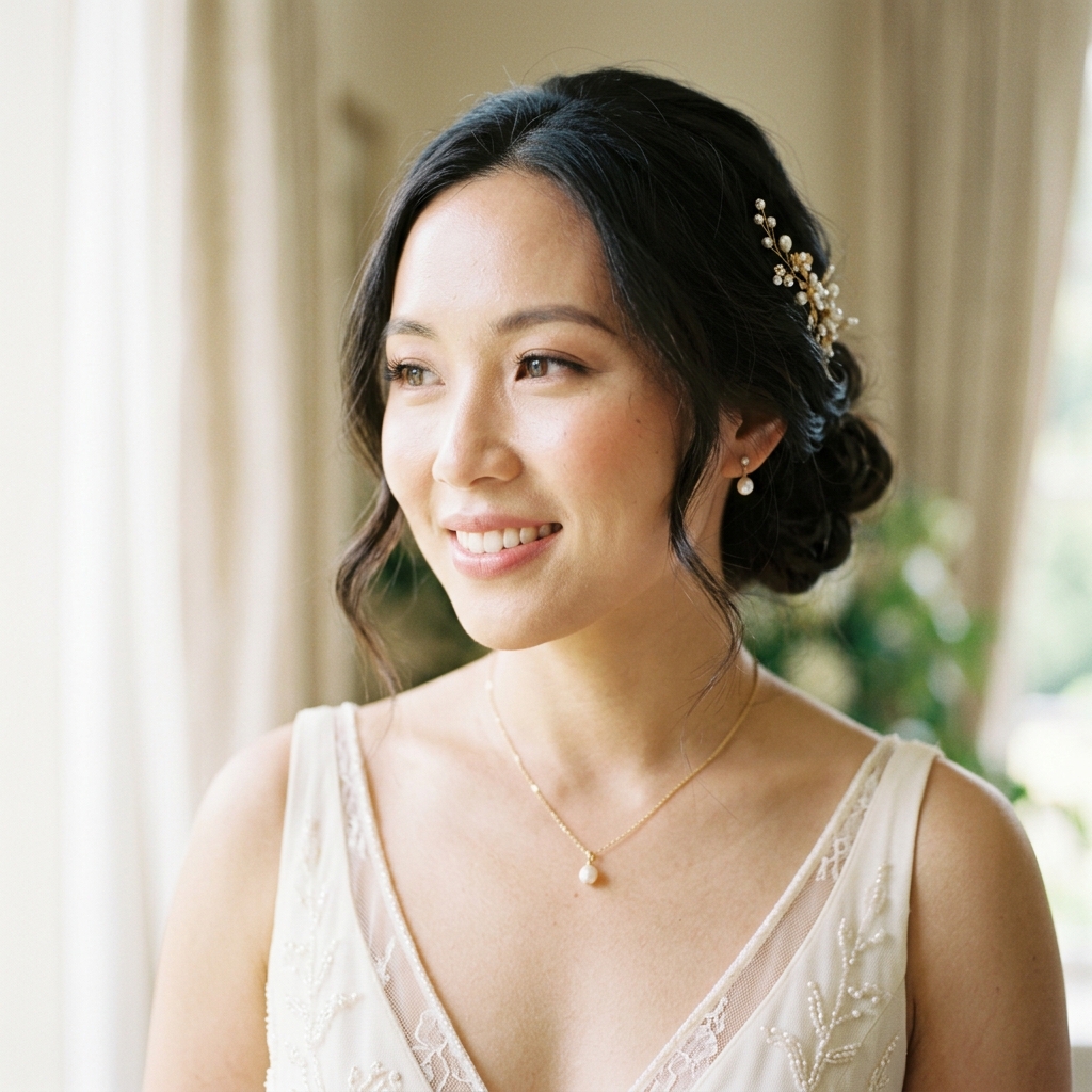Glowing skin and bridal makeup close up
